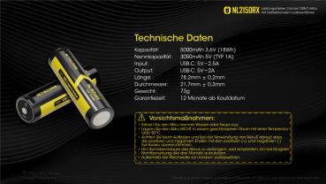 NITECORE - LI-ION AKKU TYP 21700 - 5000MAH - NL2150RX MIT POWERBANK FUNKTION